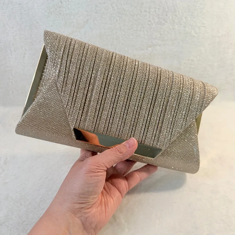 Evening Blingy Clutch Champagne Gold Pleated Glitter Mesh | Chain for Shoulder